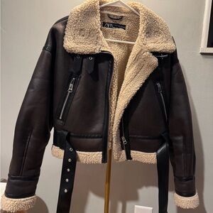 Zara Women's Dark Brown Leather Jacket with Cream Lining